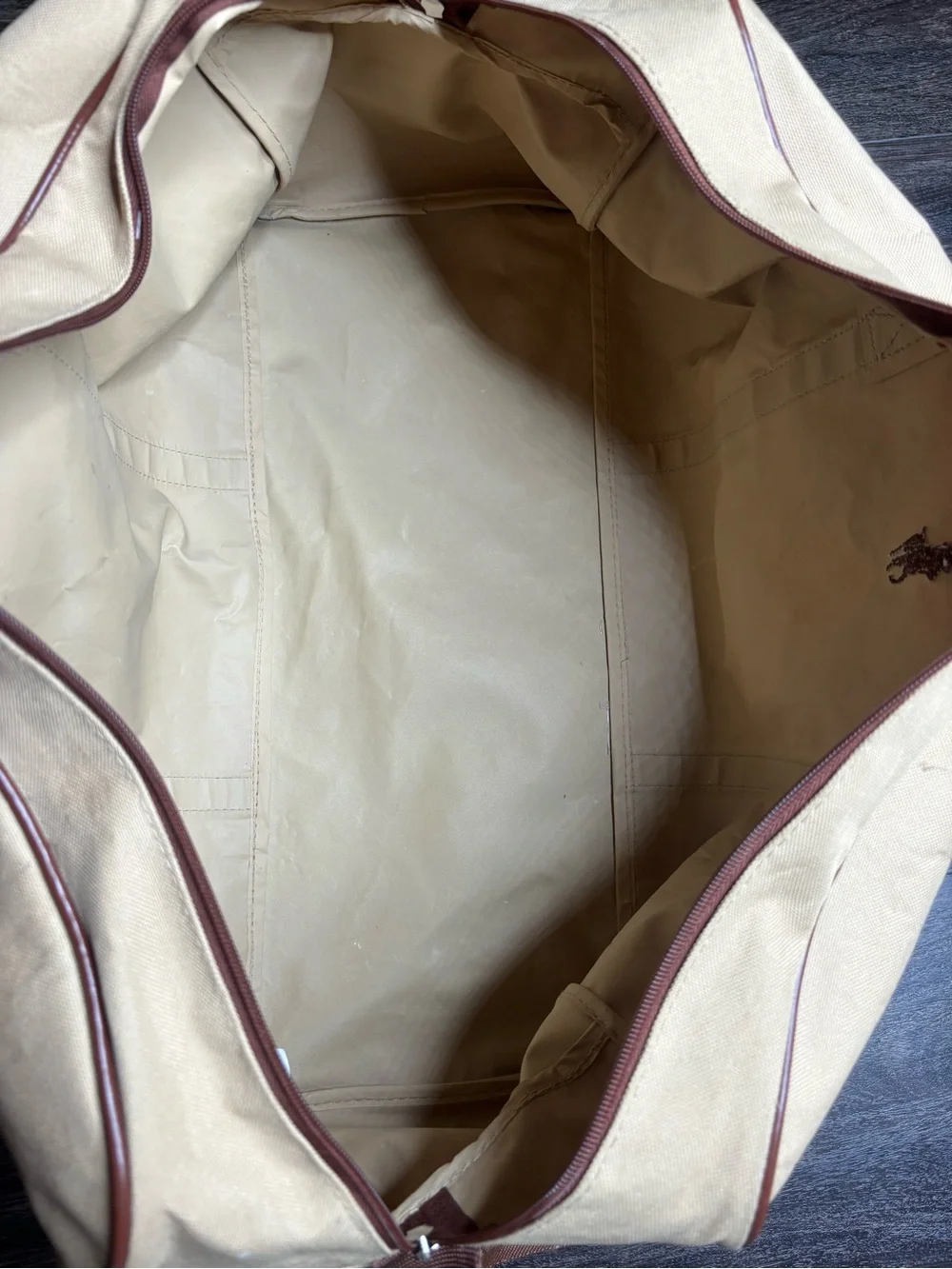 Vintage Ralph Lauren Mens Beige & Brown Canvas With Shoulder Strap Travel Duffle